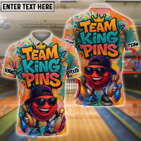 BlueJose Bowling And Pins Graffiti Style Team King Pins Customized Name 3D Shirt (4 Colors)