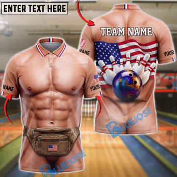 BlueJose Bowling Muscular Body Waist Bag American Flag Mankini Customized Name, Team Name 3D Shirt