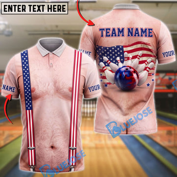 BlueJose Bowling American Flag Suspenders Mankini Customized Name, Team Name 3D Shirt