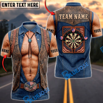 BlueJose Darts Denim Open Vest Muscular Body Dartboard American Flag Mankini Personalized Name Shirt