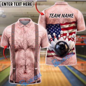 BlueJose Bowling Hairy Chest Body American Flag Mankini Strike Customized Name, Team Name 3D Shirt