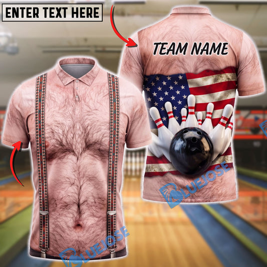 BlueJose Bowling Hairy Chest Body American Flag Mankini Strike Customized Name, Team Name 3D Shirt