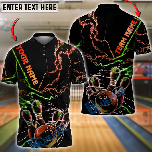 BlueJose Bowling & Pins Neon Thunder Lightning Customized Name, Team Name 3D Shirt (4 Colors)