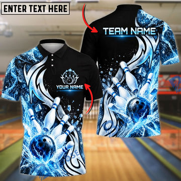 BlueJose Bowling And Pins Dynamic Electric Lightning Ice Splash Artwork Customized Name, Team Name 3D Shirt (4 Colors)