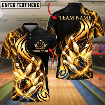 BlueJose Bowling And Pins Royal Tribal Swirl Energy Splash Artwork Customized Name, Team Name 3D Shirt (6 Colors)