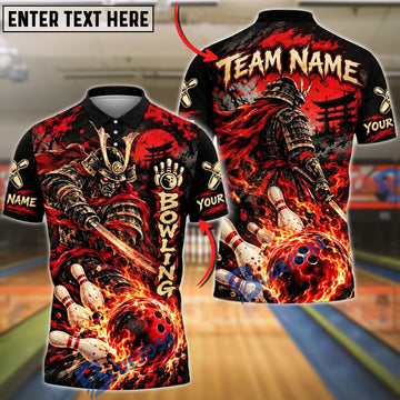 BlueJose Bowling And Pins Japanese Samurai Warrior Katana Sword Pins Strike Artwork Customized Name, Team Name 3D Shirt (4 Colors)