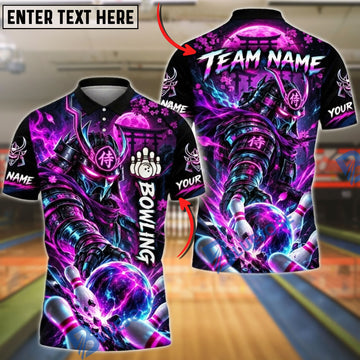 BlueJose Bowling And Pins Cyberpunk Neon Samurai Warrior Japanese Pagoda Pins Strike Artwork Customized Name, Team Name 3D Shirt (4 Colors)