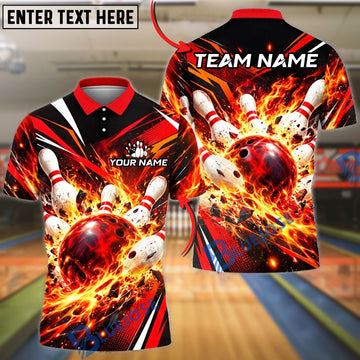 BlueJose Bowling And Pins Fiery Fire Flame Explosion Pins Strike Artwork Customized Name, Team Name 3D Shirt (4 Colors)