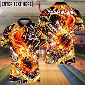 BlueJose Bowling And Pins Swirling Fire Explosion Dynamic Motion Pins Strike Artwork Customized Name, Team Name 3D Shirt (4 Colors)