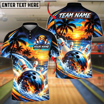 BlueJose Bowling And Pins Tropical Island Sunset Beach Palm Trees Waves Pins Strike Artwork Customized Name, Team Name 3D Shirt (4 Colors)