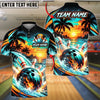 BlueJose Bowling And Pins Tropical Island Sunset Beach Palm Trees Waves Pins Strike Artwork Customized Name, Team Name 3D Shirt (4 Colors)