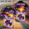 BlueJose Bowling And Pins Tropical Island Sunset Beach Palm Trees Waves Pins Strike Artwork Customized Name, Team Name 3D Shirt (4 Colors)