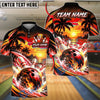 BlueJose Bowling And Pins Tropical Island Sunset Beach Palm Trees Waves Pins Strike Artwork Customized Name, Team Name 3D Shirt (4 Colors)