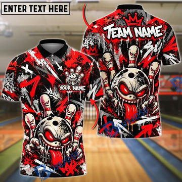 BlueJose Bowling And Pins Angry Monster Skull Tongue Splatter Graffiti Pins Artwork Customized Name, Team Name 3D Shirt (4 Colors)