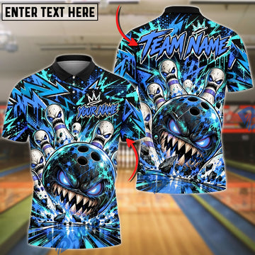 BlueJose Bowling And Pins Evil Monster Teeth Abstract Neon Geometric Pins Strike Artwork Customized Name, Team Name 3D Shirt (4 Colors)