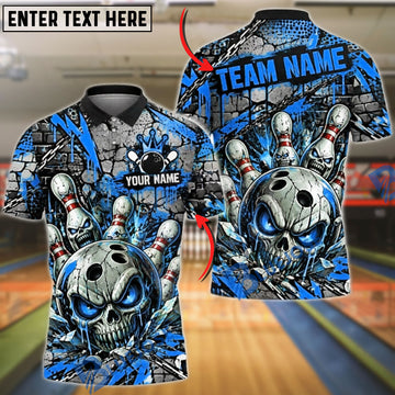 BlueJose Bowling And Pins Evil Skull Glowing Eyes Camo Texture Pins Strike Artwork Customized Name, Team Name 3D Shirt (4 Colors)