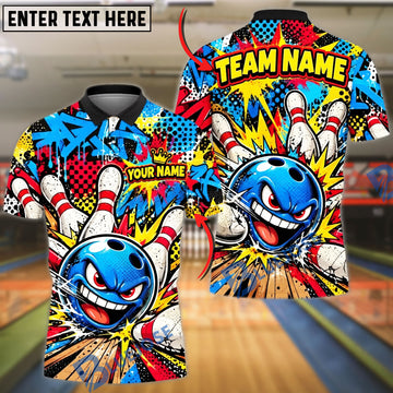 BlueJose Bowling And Pins Comic Pop Art Cartoon Evil Ball Pins Explosion Artwork Customized Name, Team Name 3D Shirt (4 Colors)