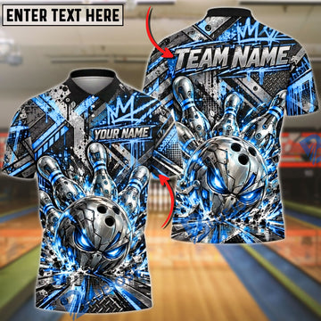 BlueJose Bowling And Pins Cyber Skull Crown Geometric Grid Lines Pins Strike Artwork Customized Name, Team Name 3D Shirt (4 Colors)
