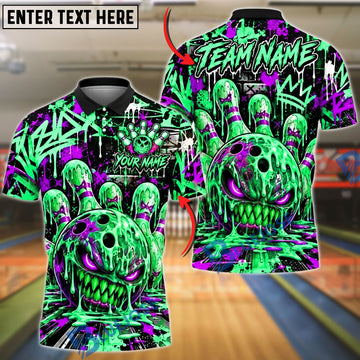 BlueJose Bowling And Pins Toxic Slime Monster Skull Crown Graffiti Pins Artwork Customized Name, Team Name 3D Shirt (4 Colors)