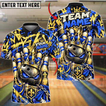 BlueJose Bowling And Pins Royal King Crown Evil Ball Shield Fleur De Lis Pins Artwork Customized Name, Team Name 3D Shirt (4 Colors)
