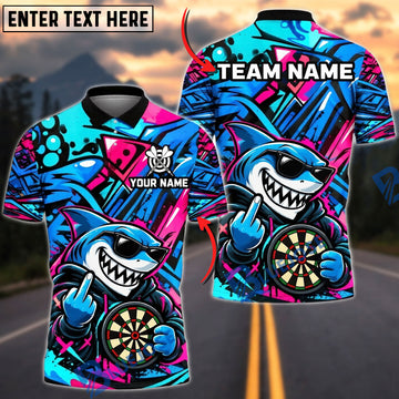BlueJose Darts Cool Shark Sunglasses Middle Finger Target Board Graffiti Artwork Personalized Name, Team Name Unisex Shirt (4 Colors)