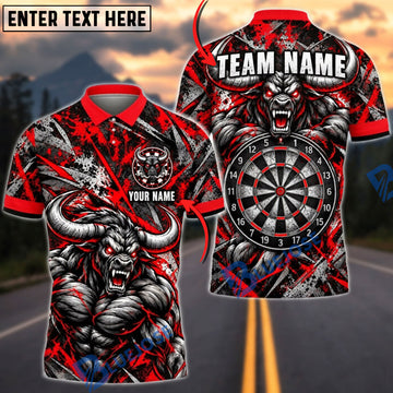 BlueJose Darts Furious Bull Mascot Muscular Frame Target Board Scratch Graphic Personalized Name, Team Name Unisex Shirt (4 Colors)