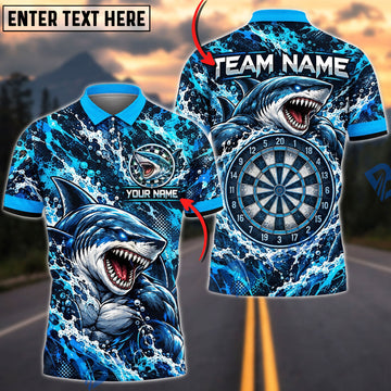 BlueJose Darts Furious Shark Mascot Ocean Waves Target Board Splash Graphic Personalized Name, Team Name Unisex Shirt (4 Colors)