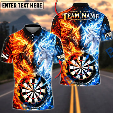 BlueJose Darts Fire And Ice Unicorn Mythical Aura Target Board Graphic Personalized Name, Team Name Unisex Shirt (4 Colors)