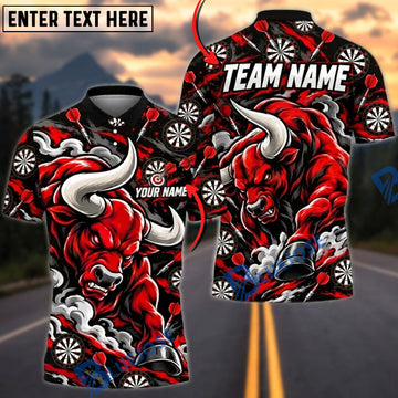 BlueJose Darts Furious Bull Mascot Muscular Frame Smoke Dartboard Pattern Graphic Personalized Name, Team Name Unisex Shirt (4 Colors)