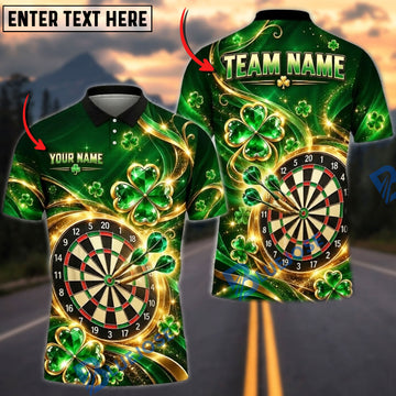 BlueJose Darts Golden Shamrock Clover Swirls Glowing Lights Target Board Graphic Personalized Name Shirt