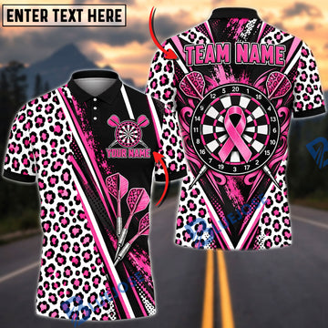 BlueJose Darts Breast Cancer Ribbon Awareness Leopard Print Geometric Lines Target Board Graphic Personalized Name Shirt