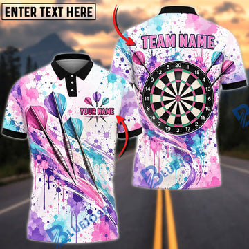 BlueJose Darts Abstract Pastel Paint Splatter Watercolor Flying Darts Target Board Graphic Personalized Name, Team Name Unisex Shirt (4 Colors)