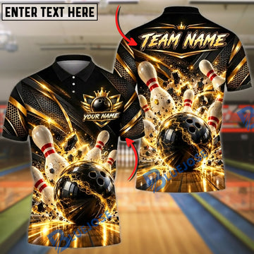 BlueJose Bowling And Pins Golden Energy Rays Explosive Strike Ball Pins Shattered Graphic Customized Name, Team Name 3D Shirt (6 Colors)