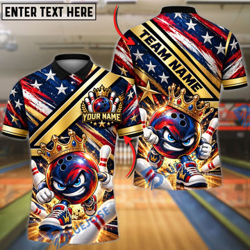 BlueJose Bowling Ball & Pins American Flag Crown Mascot Character Flying Ball Pins Graphic Customized Name, Team Name 3D Shirt