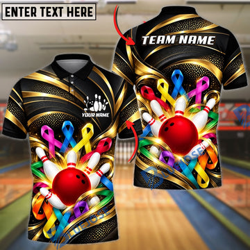 BlueJose Bowling Ball & Pins Cancer Awareness Ribbons Gold Swirls Ball Flying Pins Graphic Customized Name, Team Name 3D Shirt