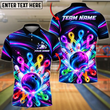 BlueJose Bowling Ball & Pins Cancer Awareness Ribbons Neon Cyber Waves Ball Explosive Pins Graphic Customized Name, Team Name 3D Shirt