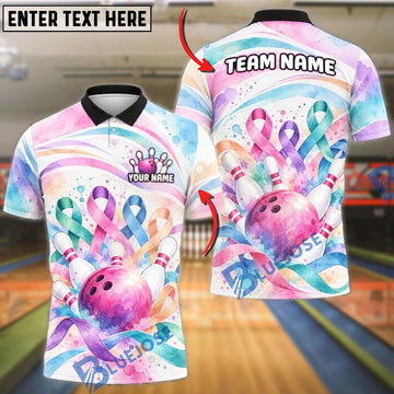 BlueJose Bowling Ball & Pins Cancer Awareness Ribbons Watercolor Pastel Splatter Ball Flying Pins Graphic Customized Name, Team Name 3D Shirt