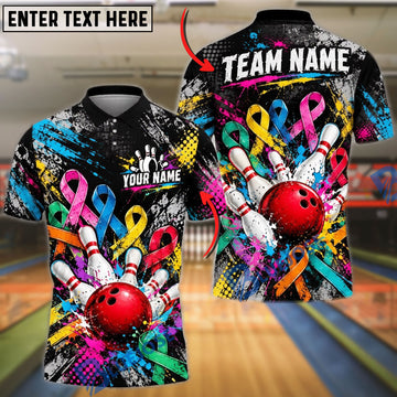 BlueJose Bowling Ball & Pins Cancer Awareness Ribbons Paint Splatter Graffiti Ball Pins Graphic Customized Name, Team Name 3D Shirt