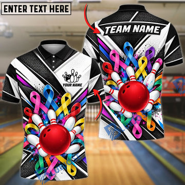 BlueJose Bowling Ball & Pins Cancer Awareness Ribbons Dynamic Stripes Geometric Ball Pins Graphic Customized Name, Team Name 3D Shirt
