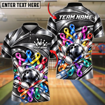 BlueJose Bowling Ball & Pins Cancer Awareness Ribbons Monochromatic Metallic Waves Ball Pins Graphic Customized Name, Team Name 3D Shirt