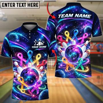 BlueJose Bowling Ball & Pins Cancer Awareness Ribbons Galaxy Cosmic Glow Ball Flying Pins Graphic Customized Name, Team Name 3D Shirt