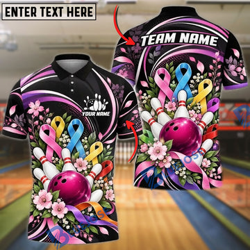 BlueJose Bowling Ball & Pins Cancer Awareness Ribbons Floral Cherry Blossom Ball Pins Graphic Customized Name, Team Name 3D Shirt
