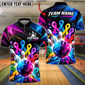 BlueJose Bowling Ball & Pins Cancer Awareness Ribbons Geometric Diamond Rays Ball Pins Graphic Customized Name, Team Name 3D Shirt