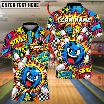 BlueJose Bowling And Pins Expressive Mascot Character Strike Comic Pop Art Pins Graphic Customized Name, Team Name 3D Shirt (4 Colors)