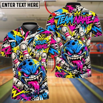 BlueJose Bowling And Pins Colorful Graffiti Monster Customized Name, Team Name 3D Shirt (4 Colors)