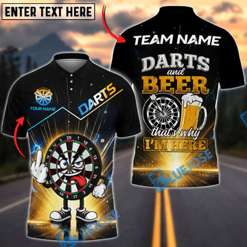 BlueJose Darts Cartoon Dartboard Middle Finger And Darts And Beer That's Why I'm Here Personalized Name Shirt