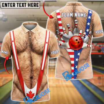 BlueJose Bowling American Canadian Flag Mankini Strike Customized Name, Team Name 3D Shirt