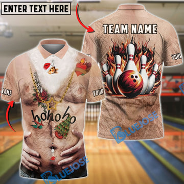 BlueJose Bowling Funny Hairy Chest Santa Hohoho And Flaming Bowling Ball Pins Customized Name, Team Name 3D Shirt