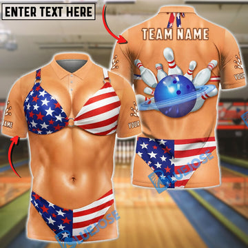 BlueJose Bowling American Flag Bowling Ball and Pins Bikini Customized Name, Team Name 3D Shirt