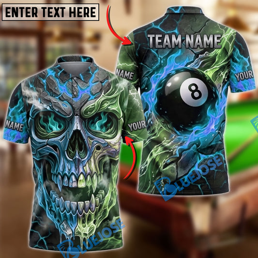 BlueJose Billiards Vintage Bronze Skull Black 8 Ball Personalized Name Shirt (4 Colors)
